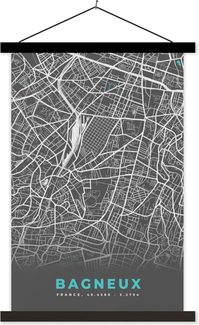 Posterhanger incl. Poster 40x60 cm - Schoolplaat - Frankrijk - Plattegrond - Stadskaart - Kaart - Bagneux - Textielposter - Zwarte latten - Stadskaart