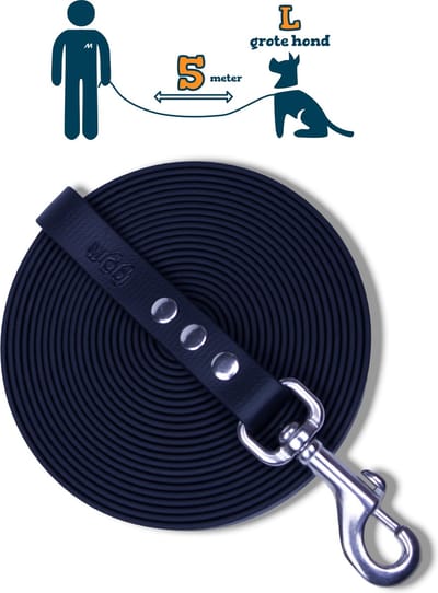 Miqdi BioThane® Sleeplijn 5 meter – zonder handvat – L/XL (19 mm) – zwart – waterdicht & sterk