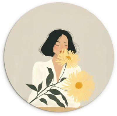 WallCircle® Wandcirkel 120x120 cm - Muurcirkel Vrouw - Bloem - Geel - Minimalistisch - Muurdecoratie woonkamer - Wanddecoratie slaapkamer - Kamer decoratie accessoires - Ronde schilderijen XXL