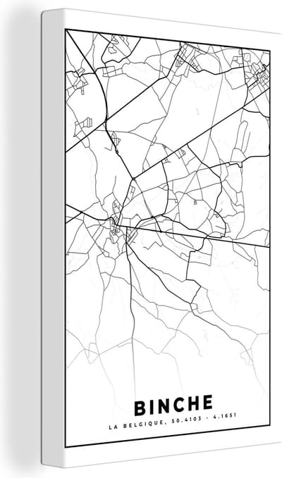 Canvas Schilderij Plattegrond – Binche – Zwart Wit – Stadskaart - Kaart - België - 20x30 cm - Wanddecoratie