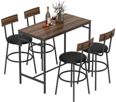 Bruine Bartafelset 110 x 55 x 90 cm, 5-delige Set met 4 Barkrukken, Keuken- en Eetset, Industriële Tafel met Stalen Frame, Ruimtebesparend Design, Krukken Schuiven Onder Tafel, Kunstleren Zitting en Gewatteerde Rugleuning
