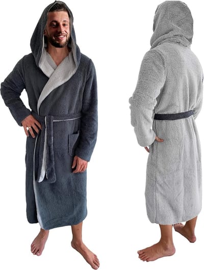 Badjas voor heren, met capuchon, omkeerbare, ochtendjas, huisjas, badjas, warm voor de winter