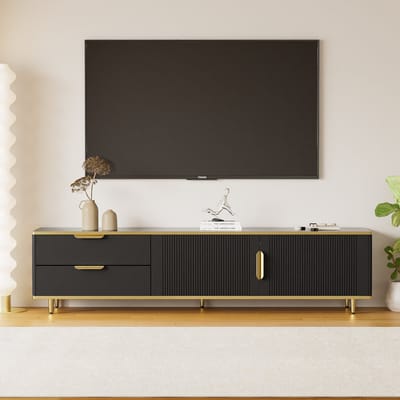TV-Meubel - Met Gesneden Structuur en Gouden Grepen - Lowboard - MDF - Wit