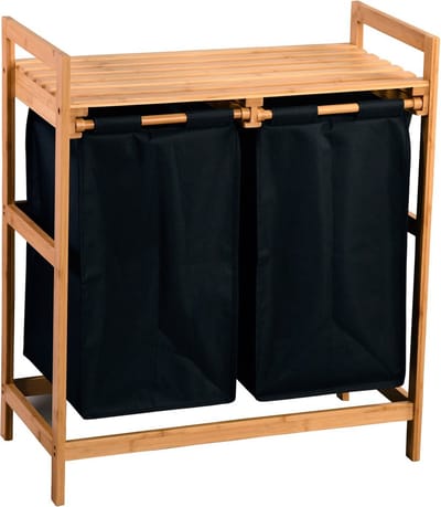 Wasmand met 2 vakken, 64x33x73cm, Bamboe, Polyester waszak