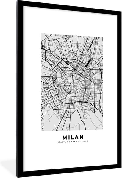 Fotolijst incl. Poster Zwart Wit- Milaan - Stadskaart - Zwart Wit - Plattegrond - Kaart - 80x120 cm - Posterlijst