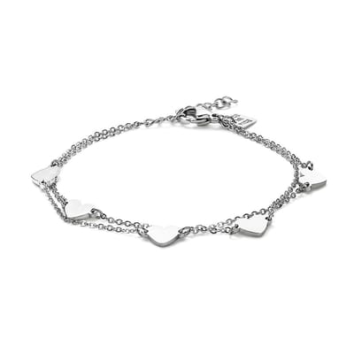 Twice As Nice Armband in edelstaal, dubbele ketting met 5 hartjes 19cm