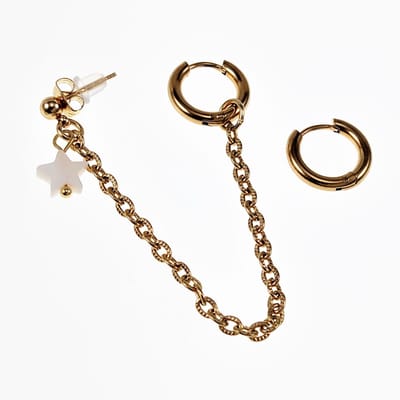 Driedelige Oorbellen Dames - Verguld Roestvrij staal - ∅14mm Oorringen - Ball Earring met Ketting - Witte Schelp Ster Hanger