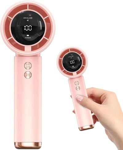 Draagbare handventilator, mini-turbineventilator met hoge snelheid, 100 windsnelheden, digitaal display, oplaadbare 3000mAh-batterij, tot 15 uur batterijduur, krachtige kleine ventilator, geschikt voor kamperen en reizen (roze).