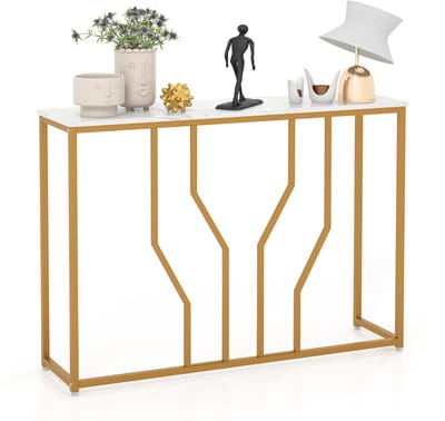 COSTWAY Consoletafel, entreetafel, smal, marmerlook, banktafel met geometrisch metalen frame, bijzettafel goud + wit, 110 x 30 x 80 cm, voor woonkamer, hal, entree