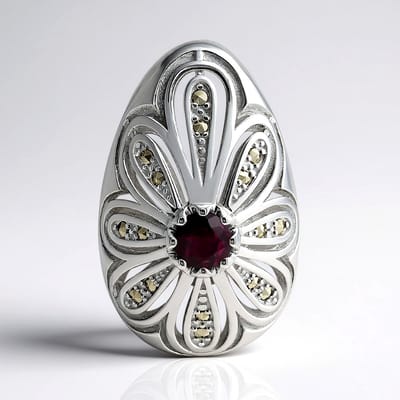 Cavill - Zilveren Hanger - 925 Sterling Zilver - 0,5 ct Rhodoliet Rondgeslepen - 0,688 ct Pavé Marcasiet - Klassiek Elegant Sieraad