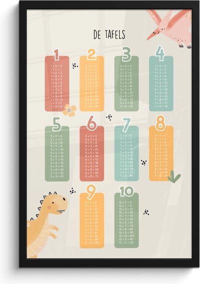 Poster in lijst - Fotolijst 40x60 cm - Posters - Tafels van vermenigvuldiging - Educatief - Leren rekenen voor kinderen - Cijfers oefenen - Dinosaurus - Posterlijst zwart - Kamer decoratie - Wanddecoratie kinderkamer - Muurdecoratie babykamer