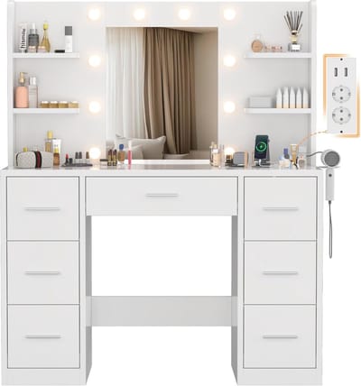 Kaptafel met Spiegel - Make-up Tafel - Slaapkamer Organisatie - Verstelbare LED Verlichting - 110x40x137cm - Wit