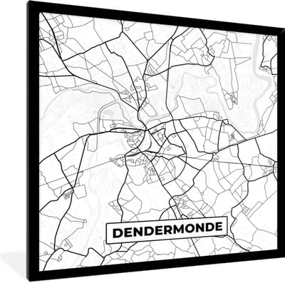 Fotolijst incl. Poster Zwart Wit- Stadskaart – Zwart Wit - Kaart – Dendermonde – België – Plattegrond - 40x40 cm - Posterlijst