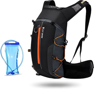 CarryQuest® - 16L Opvouwbare Fietsrugzak + 2L Waterzak - Waterafstotende Nylon Hydratierugzak met Ademend Rugpaneel, Borstband & Heuptas - 44x26x9 cm - Zwart/Oranje