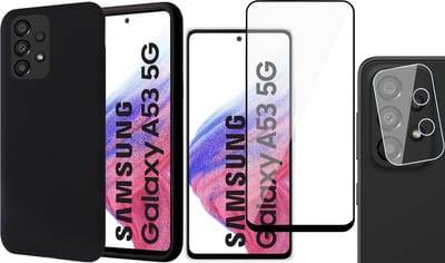 Hoesje geschikt voor Samsung Galaxy A53 - Matte Back Cover Microvezel Siliconen Case Hoes Zwart - Full Tempered Glass Screenprotector - Camera Lens Protector