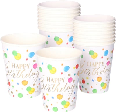 Givi Italia Feestbekers met hoesjes - 16x - happy-birthday - gespikkeld - papier - 250ml - wegwerpbekers - verjaardag