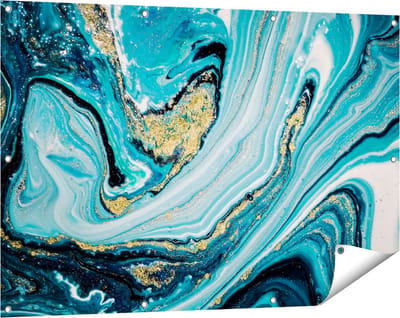 Gards Tuinposter Abstracte Luxe Kunst in het Blauw met Goud - 120x80 cm - Tuindoek - Tuindecoratie - Wanddecoratie buiten - Tuinschilderij