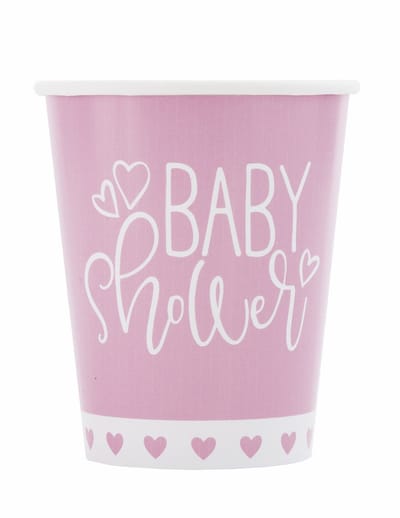 UNIQUE - 8 roze en witte kartonnen baby shower bekers 266 ml met hartmotieven