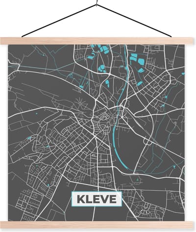 Posterhanger incl. Poster 60x60 cm - Schoolplaat - Plattegrond – Kleve – Blauw – Stadskaart – Kaart - Duitsland - Textielposter - Blanke latten - Stadskaart