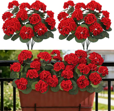6 stuks kunstbloemen buiten, geranium faux plant voor buiten nep plastic zijde geraniums bloemen kunstplanten buiten UV-bestendig voor binnen tuin balkon raam decoratie