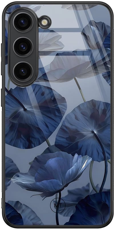 Hoesje geschikt voor Samsung Galaxy S23 - Dusky blooms - Hard Case Zwart Back Cover - Bloemen - Blauw - Mooie Telefoonhoesjes