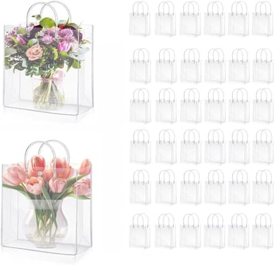 Doorzichtige geschenkzakjes met handgrepen - 50 stuks, herbruikbare waterdichte PVC-zakken voor winkels, boetieks, feestartikelen en huwelijksgeschenken, 25 × 9 × 25 cm