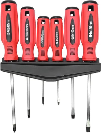 Benson Schroevendraaierset 6-deilig professionele kwaliteit CrV Chrome Vanadium staal kruiskop PH0x75mm PH1x100mm PH2x125mm en platte kop 3x75mm 5x100mm 6x125mm