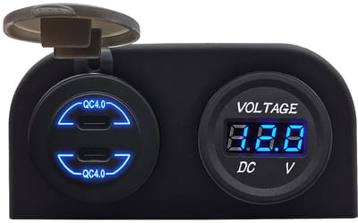ProRide 12V USB C Autolader 2 Poorten Opbouw - 30W/QC4.0 - Tweevoudig opbouw met Voltmeter - Blauw
