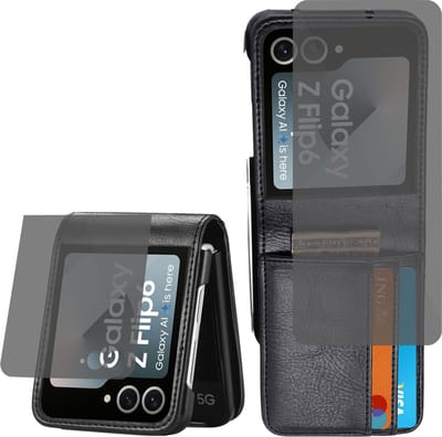 Book Case Hoesje voor Samsung Galaxy Z Flip 6 / Flip 7 FE - Hoesje + Privacy Screenprotector – Privé - Beschermglas Folie - Privé GuardCover - Flip Hoes Cover - Portemonnee Zwart