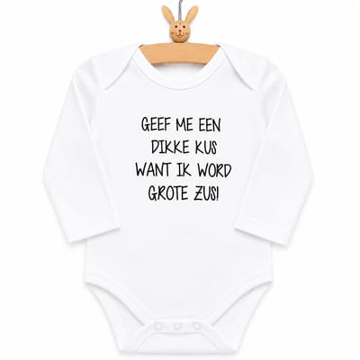 Baby rompertje met tekst meisje Geef me een dikke kus want ik word grote zus meisje - Zwangerschapsaankondiging  | Lange mouw | wit | maat 86-92  zwangerschap aankondiging bekendmaking