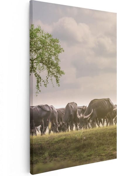 Artaza Canvas Schilderij Kudde Buffels - 20x30 cm - Klein - Wanddecoratie Boom - Muurdecoratie Wilde Dieren - Kamer Accessoires Bos