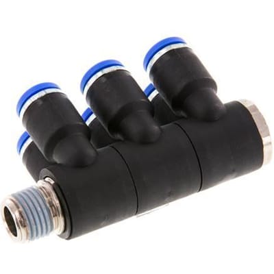 8mm x R1/4'' 6-way Manifold Messing/PA 66 Insteekfitting Buitendraad Draaibaar NBR