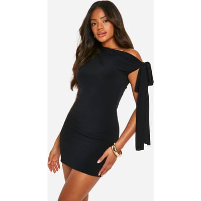 boohoo Dames Ruched Slinky Off The Shoulder Mini Jurk | Zwart | Maat: 42