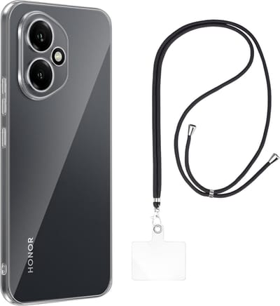 Set met hoesje en nekband voor honor 400 5g - Flexibele, transparante TPU-bescherming, verstelbare universele nekband voor mobiele telefoons, zwarte nekband, transparante draagriem van Phonillico®