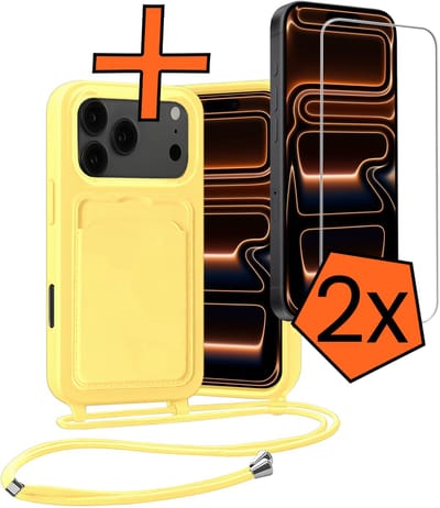 Hoesje Geschikt voor iPhone 17 Pro Hoesje Met Telefoonketting Pasjeshouder Case Met 2x Screenprotector Koord - Hoesje Geschikt voor iPhone 17 Pro Hoes Met Kaarthouder - Geel