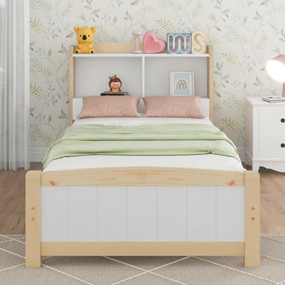 Massief Houten Eenpersoonsbed met Opberg Hoofdeinde, 90x200 cm Bedframe met Lattenbodem, Houten Bed met Hoofdeinde, Kinderbed Tienerbed Grenen Massief Natuur & Wit (Zonder Matras en Lades)