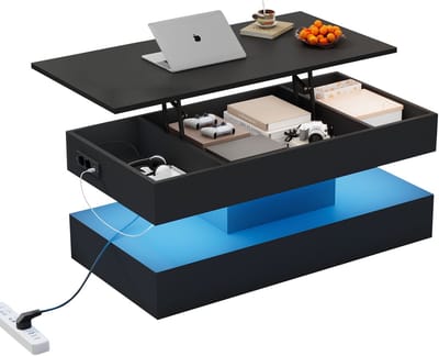 Lift Top Salontafel - Moderne Salontafel Met LED - In Hoogte Verstelbaar - Verborgen Opbergruimte - Met Stopcontact - Woonkamer - 100x50x42cm - Zwart