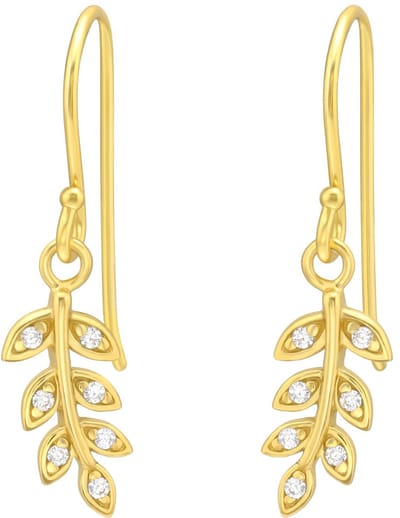 Joy|S - Zilveren blad bedel oorbellen - oorhangers - blaadjes hanger - zirkonia - gold plated