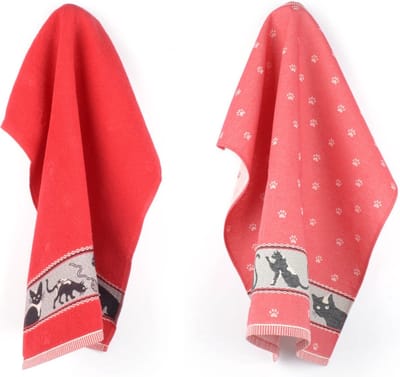 Luxe Keukendoek en Theedoek Kat Rood - Bunzlau Castle - 100% biologisch katoen - Keukendoek 60x53cm en Theedoek 65x65cm