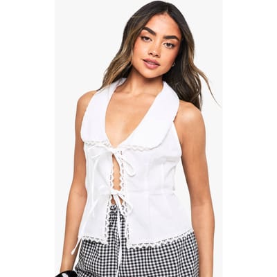 boohoo Dames Katoenen popeline top met kraag en kanten details | White | Maat: 10