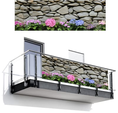 Balkonscherm 300x100 cm - Balkonposter Hortensiaâ€™s - Stenen - Muur - Bloemen - Balkon scherm decoratie - Balkonschermen - Balkondoek zonnescherm