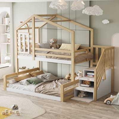 Sweiko Stapelbed 90*200 cm + 140*200 cm, huislijst, dennenhout, wit + natuurlijke