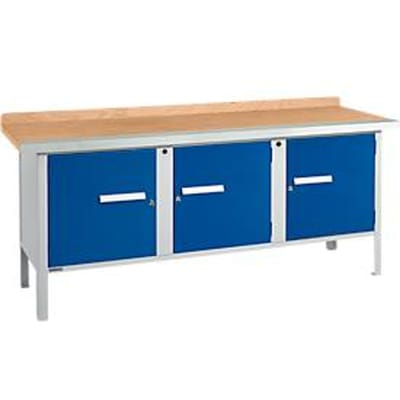 Box-type werkbank Schäfer Shop Select PW 200-3, beuken multiplex blad, met stalen rand, tot 750 kg, B 2000 x D 700 x H 840 mm, gentiaanblauw