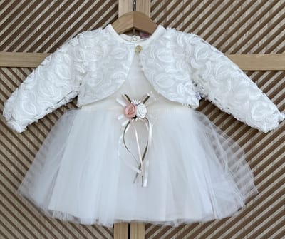 luxe feestjurk-bruidsjurk-doopkleding-tule jurk met jasje-blaadjesmotief-baby jurk-tutu rok- tweedelige set- katoenen jurk met steentjes en bloem-bruidsmeisjes-doopsel-bruiloft-verjaardag-foto shoot- wit ivoor kleur - maat 86 - 12 tem 18 maanden