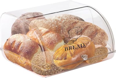Famanu - Broodtrommel voor de keuken van acryl moderne broodtrommel met roldeksel voor het bewaren en presenteren van brood koekjes en cake 30 x 13 x 27 cm | Luxe opberger, modern design voor keuken en dagelijks gebruik