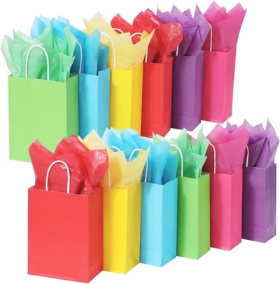 25 x kleine papieren draagtassen Van Kraftpapier Mix 1 oranje bauw roos groen geel oranje paars 18x8x22 cm Tasjes Met Handvat/ Cadeautasjes met gedraaid handgrepen / Zakjes/