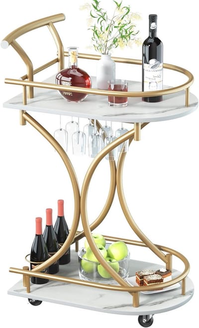 Luxe Serveerwagen met Wielen en Wijnrek - 2-Laags Trolley voor Drankjes en Glazen