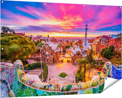 Gards Tuinposter Park G�ell Uitzicht op Barcelona - 150x100 cm - Tuindoek - Tuindecoratie - Wanddecoratie buiten - Tuinschilderij