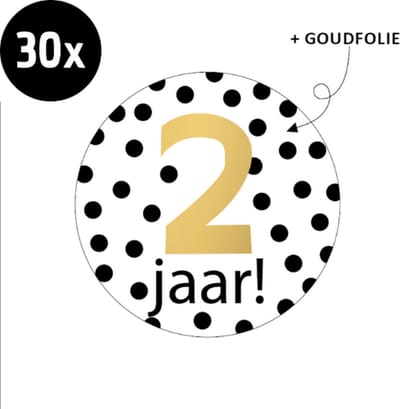 30x Sluitsticker Hoera 2 jaar! | GOUDFOLIE | 40 mm | Traktatiesticker Hoera | Cadeausticker | Sluitzegel | Sluitsticker | Traktatie - Verjaardag - Feest | Sticker 2e verjaardag | Kinder traktatie