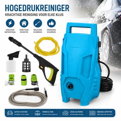 Hogedrukreiniger / Hogedrukspuit / Reinigingsapparaat – Blauw – Met pistool, lans, sproeikop, filter, schuimkanon, snelkoppelingen & slangen (2m + 7m) – Voor auto, terras, gevel, tuin & fiets – Incl. handleiding